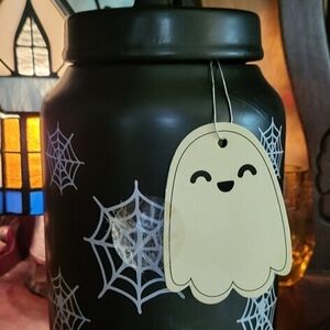 T.J.Maxx Black Halloween Jar with White Spiderwebs and Ghost Tag